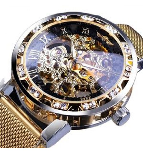 JYM Luxury stainless steel mesh band visible automatic mechanical movement men wrist watches