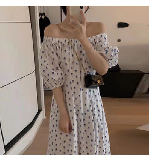 Wholesale 2022 Korean Chic Summer New One-word Collar Full Screen Small Broken Flowers Waist and Slim Puff Sleeve Dress