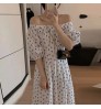 Wholesale 2022 Korean Chic Summer New One-word Collar Full Screen Small Broken Flowers Waist and Slim Puff Sleeve Dress