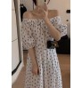 Wholesale 2022 Korean Chic Summer New One-word Collar Full Screen Small Broken Flowers Waist and Slim Puff Sleeve Dress