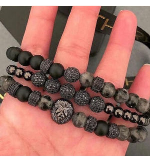 High Quality Hot Selling CZ Mirco Pave Ball Lion Charm Natural Stone Beads Elastic Bracelet Set Men Jewelry