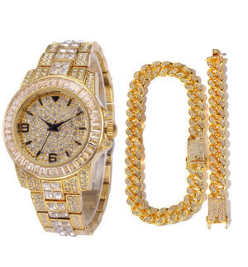 Hot Selling Miami Cuban Chain Watch Set Rhinestone Bracelet Iced Out Watch Hip Hop Gold Necklace Men Jewelry