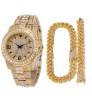 Hot Selling Miami Cuban Chain Watch Set Rhinestone Bracelet Iced Out Watch Hip Hop Gold Necklace Men Jewelry