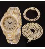 Hot Selling Miami Cuban Chain Watch Set Rhinestone Bracelet Iced Out Watch Hip Hop Gold Necklace Men Jewelry