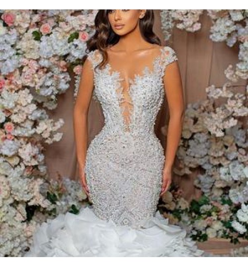 Wedding Dress Jancember RSM67291cheep Ivory High Quality Deep V Neck Lace Beaded Mermaid Wedding Dress