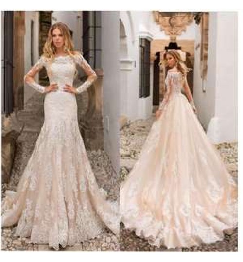 Magicmk Ball Gown Long Sleeve Shoulder Lace Dress White Wedding Dresses Bridal Gowns Wedding Dress