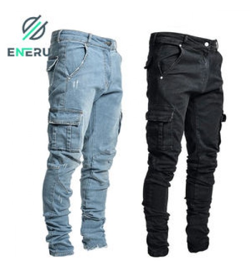 Enerup OEM/ODM Fashion Hombre Mujer Multi Pocket Casual Pencil Cotton Straight-leg Men's Trousers Pants Jeans