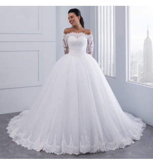 Wedding Clothing White Wedding Dress Ball Gown Elegant Embroidered Flower Big Lace Train Long Sleeve Wedding Dress Bridal Gown