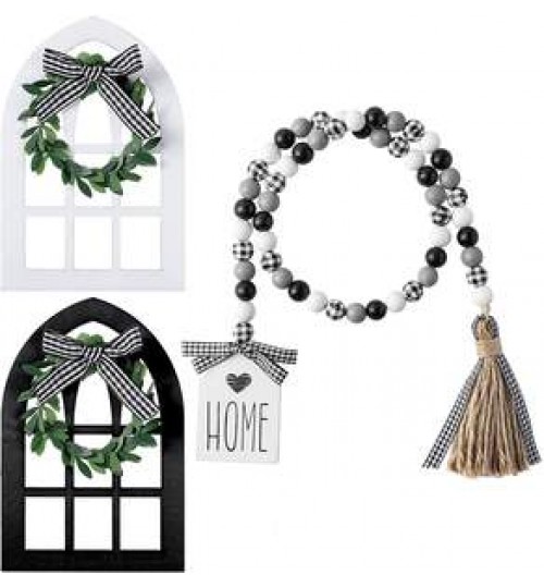 Tiered Tray Decor Wooden Farmhouse Window Wooden Rustic Mount Window Frames and Black White Wood Bead Garland with Tassel