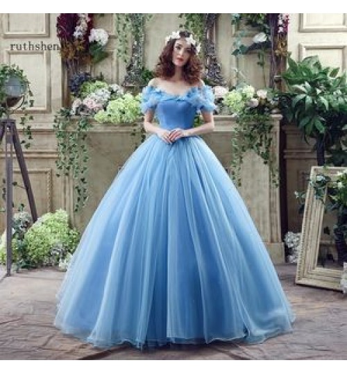 Princess Ball Gown Off- Shoulder Cinderella Blue Wedding Dress Bridal With Corset Back