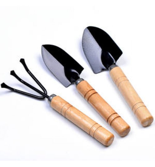 3 Piece Set Mini Garden Tool Spatula Rake Seedling Machine for Outdoor Potted Flowers Iron Wood Black