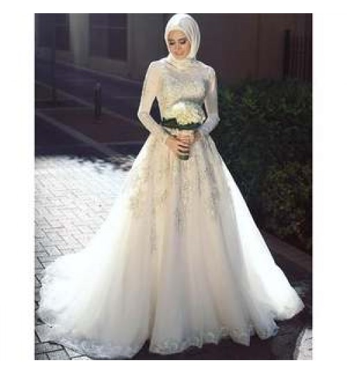 Arabic Muslim Wedding Dress Long Sleeve A-Line Bridal Gown Cheap Pakistani Wedding Dresses 2019 New vestido de noiva