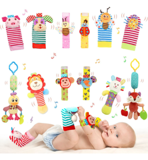 4Pcs Juguete Sonajer Baby Cartoon Cute Soft Wrist Strap Cotton Socks Toys Rattles Gift Wrist Rattles and Foot Finder For Toddler