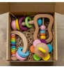 Wooden Toys Colorful Baby Rattle Set Safe Food Grade Wood Rattle Soother Bracelet Teether Set Montessori Toddler Toy Bell Gift