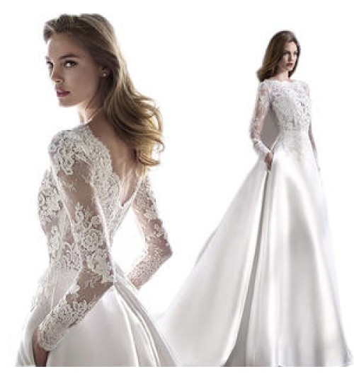 Ready to ship Wedding Spring Summer Autumn Winter Satin Lace Slimming Fashion Bride Long Sleeve Halter Tail Wedding Dress