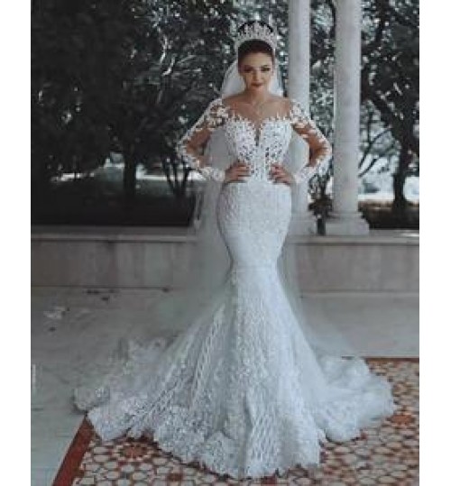 Turkey Luxury Wedding Dresses Long Sleeve Mermaid 2021 Illusion Lace Applique Beaded Sweetheart Sexy Princess Bride Gowns Mexico