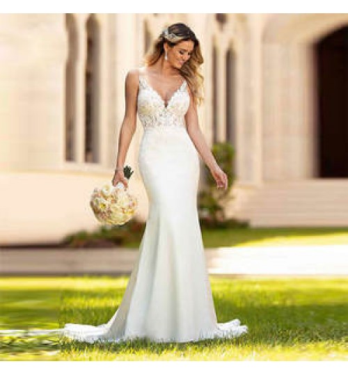 2022 Luxury Mermaid Wedding Dress Trumpet Wedding Dresses V Neck Court Train Lace Spaghetti Strap Bridal Dresses For Women