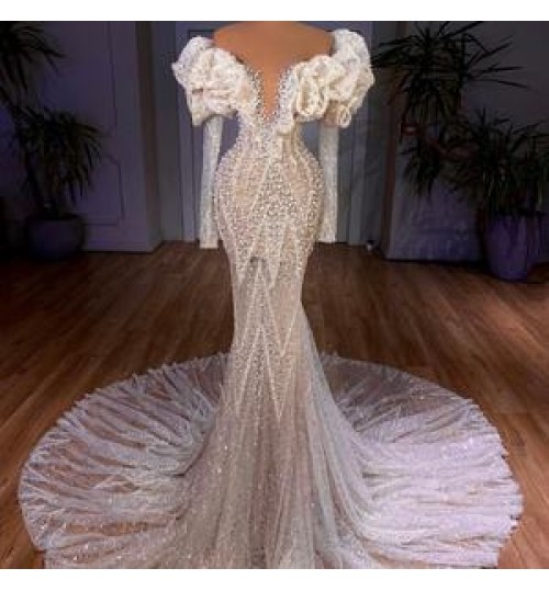 Jancember Rsm67280 Custom Luxury Mermaid Wedding Wedding Long Sleeve Bead Sequenant High -Quality Women Women