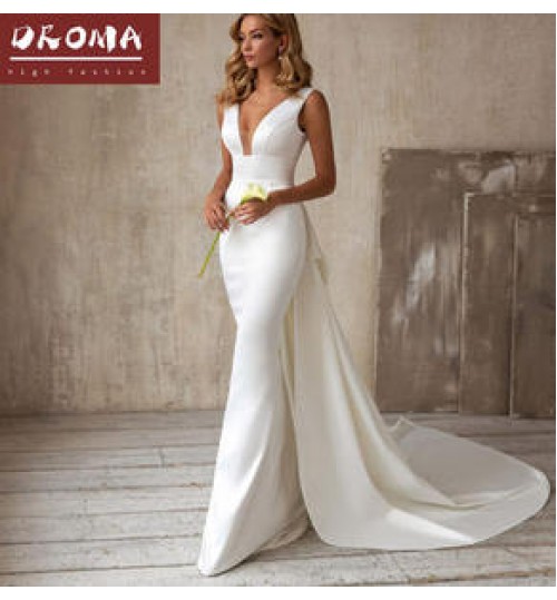 Droma ready to ship high quality fashion v-neck sleeveless sexy white 2021 girl wedding dress wholesale