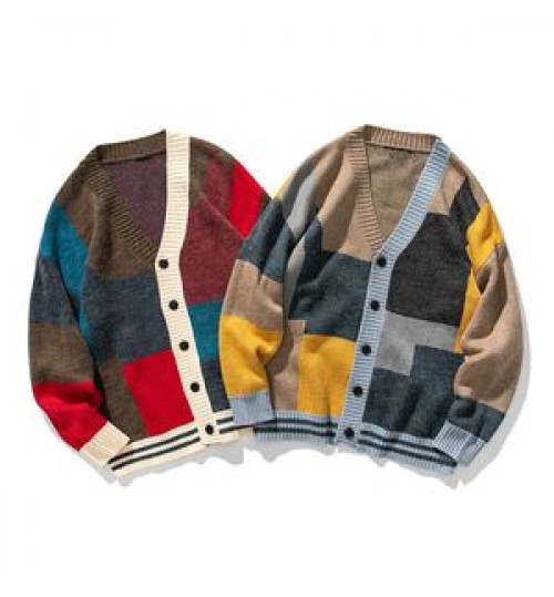 Mens Cardigan Sweater Wholesale Bohemian Custom Vintage Color Block Knitted Cardigan Sweater For Men