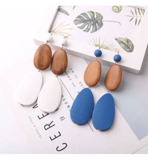 Handmade Jewelry Contrast stitching Wood Earrings Ethnic Natural Geometric Wooden Bohemian Earring Women Trendy Accessories