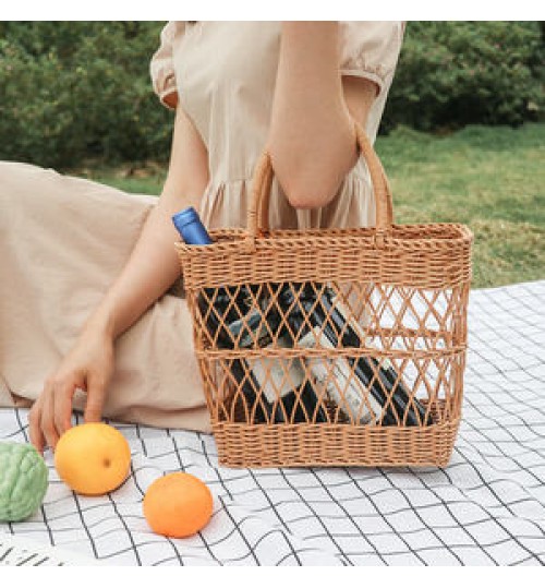 Eco-friendly popular shopping bag plastic grocery bakset lundry basket rattan picnic basket tote bag with handle