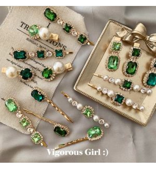 Korean Women Word Hair Clips Hairpin Accessories Vintage Green Pearl Rhinestone Hair Clips