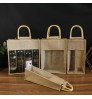 wooden handle reusable burlap wine bag with display window