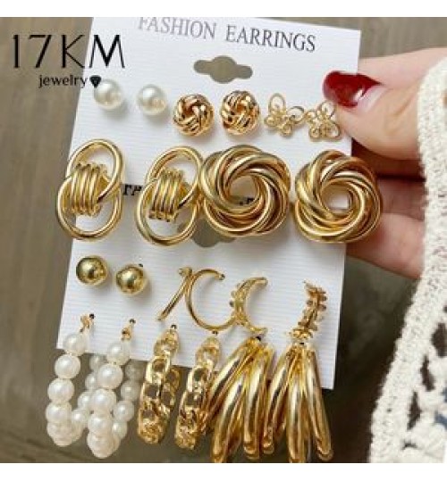 Vintage Geometric Gold Metal Earrings Set Punk Pearl Dangle Drop Earring Jewelry For Women