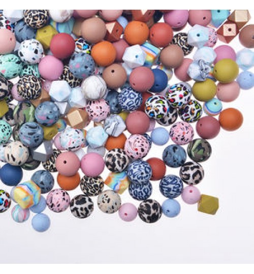 Wholesale Print 9mm 12mm 15mm 19mm Baby Teething Bead Bpa Free Food Grade Mixed Jewelry Baby Chew Teether Round Silicone Beads