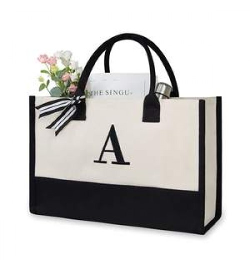 Personalized Initial Canvas Beach Bag, Monogrammed Gift Tote Bag For Women