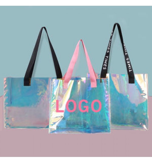 Custom Logo Summer Fashion Reusable Waterproof PVC TPU Jelly Hologram Clear Beach Shopping Tote Bag