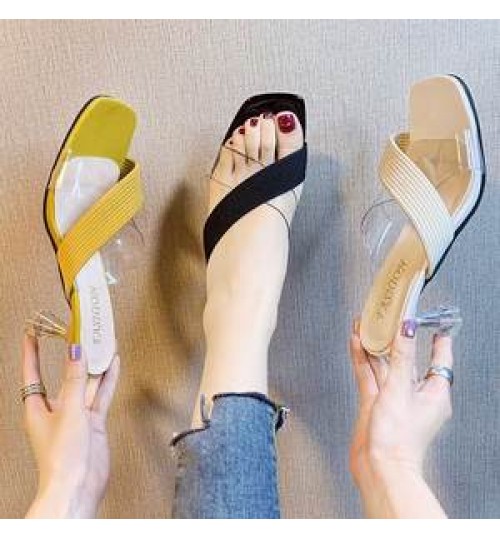 Square Toe High Heel Slippers Outer Wear Transparent flip flops crystal heeled Women Shoes Triangle wedges Thick summer Sandals