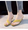 Square Toe High Heel Slippers Outer Wear Transparent flip flops crystal heeled Women Shoes Triangle wedges Thick summer Sandals