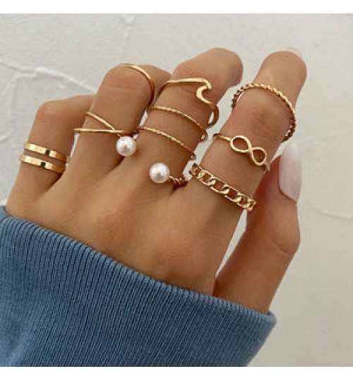 Finetoo Punk Simple Cross Finger Rings For Women Girls Pearl heart Twist Ring Set 2021 Trend Jewelry