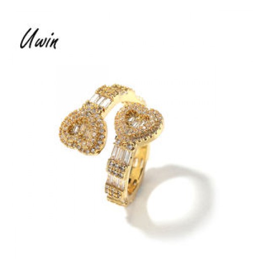 UWIN Full Iced Out Heart Shape Exquisite Opening Rings 18K Gold Plated Rose Gold Hiphop Rapper Jewelry