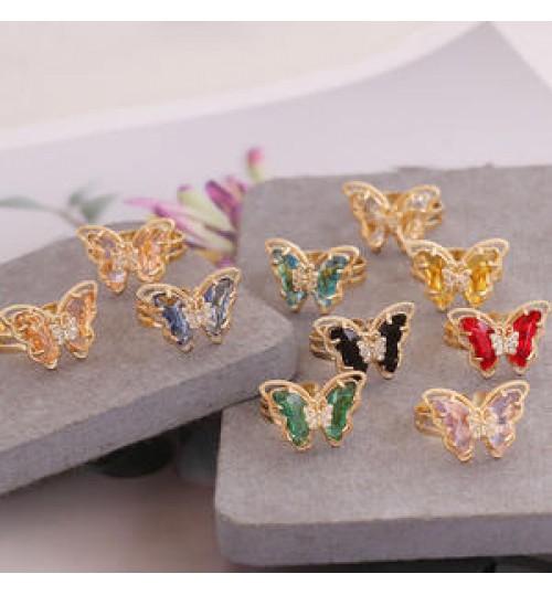 Wholesale Fashion Women Jewelry 18k Gold Butterfly Diamond Ring Rhinestone Adjustable Rings Colorful Crystal Cute Gemstone Rings