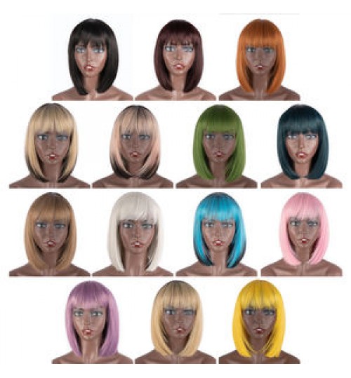 High Temperature Straight Synthetic Wigs With Bangs Short Bob Wig Heat Resistant Hairstyle Ombre Cosplay Wigs For Women