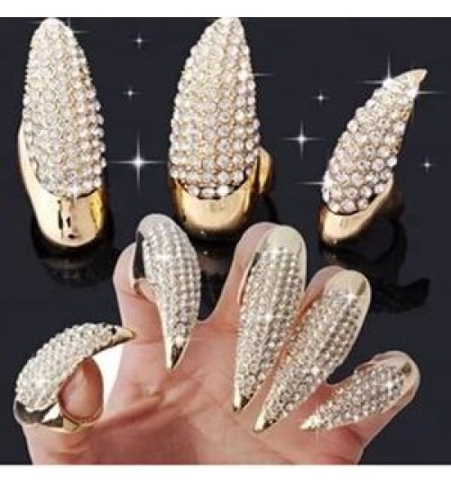 CAT WOMEN Punk Rock Full Rhinestone Crystal Long Large Cat Claw Nail Ring Sharp Paw Talon Finger Rings 3 Sizes Black Gold Color