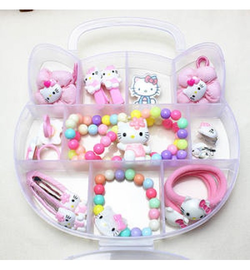 Wholesale lovely Hello Kitty Boutique gift Box Girl baby Acrylic Hair Clip Elastic Hair Bands kids hair accessories Set