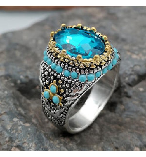 2022 New Vintage Black Natural Stone Rings Handmade Turkish Signet Ring Punk Diamond Inlaid Turquoise Ring for Men