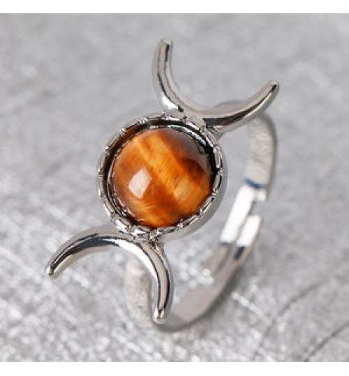 anillo plata Adjustable Goddess Witch Rings Silver Gemstone Moon Real Natural Tiger Eye Stone Ring for Women