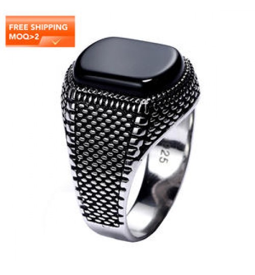 Turkish Jewelry Black Ring Men Light-weight 6g Real 925 Sterling Silver Mens Rings Natural Agate Stone Vintage Cool Fashion