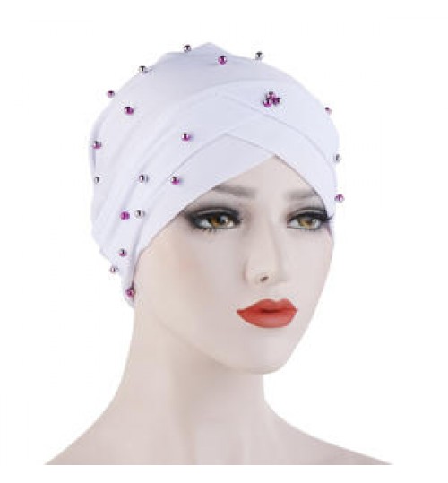 Hat TB-518 African Women Headwrap Crystal Linen Forehead Cross Beanies Turbans Hat Arab Muslim Female Beaded Hair Turban Head Wrap