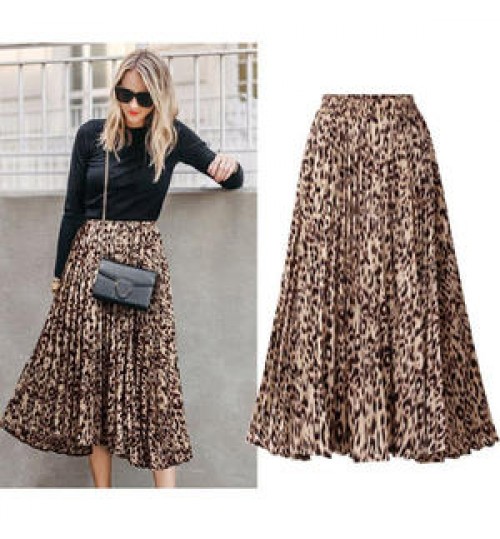 OEM Quality Women's Fashion Large Size Print Leopard Mid Length Pleated Elastic Waist Skirts Manufacturer