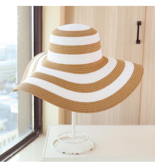 Women Natural Straw Striped Hat Derby Beach Sun Hat Lady Summer Wide Brim UV Protect Hats