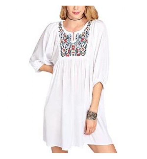 Blouses Women OEM 3/4 Sleeve White Blouses Midi Elegant Women Dress Cotton Floral Embroidery Tunic Blouses