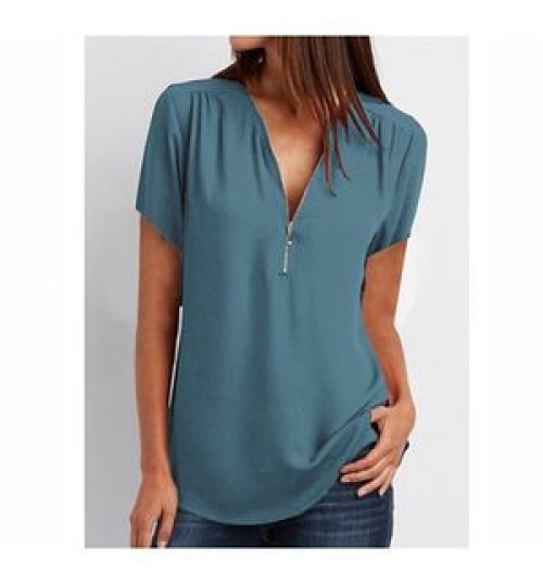 Women Blouse FZ-182 Wholesale 9 Colors 8 Size Popular Women Girls Blouse V Neck Zip Plus Size Short Sleeve Loose Chiffon Shirt