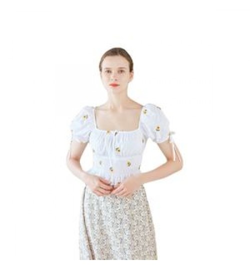 Woman Blouse French Woman Embroidery White Tops Ladies Summer Elegant Short Blouse