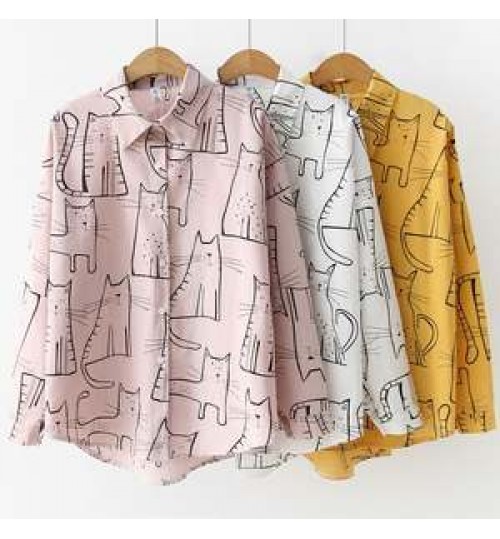 Women Hongkong Korean Fashionable Style Cartoon Cute Cats Printing Long-sleeve White Shirts Casual Office Blouse T06112T 1